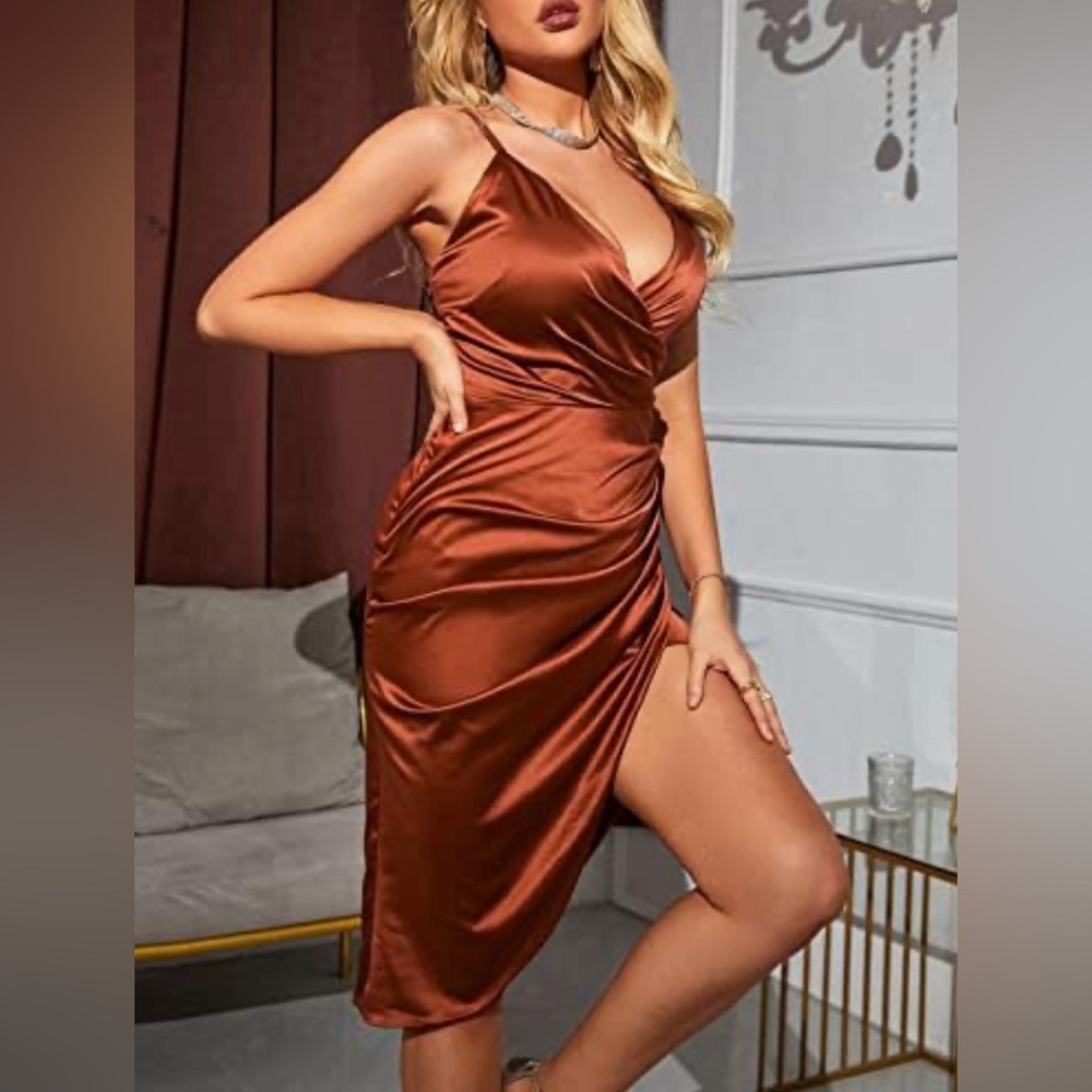 HTZMO Women's Satin Slip Dress V Neck Sleeveless Ruched Bodycon Sexy Party Club